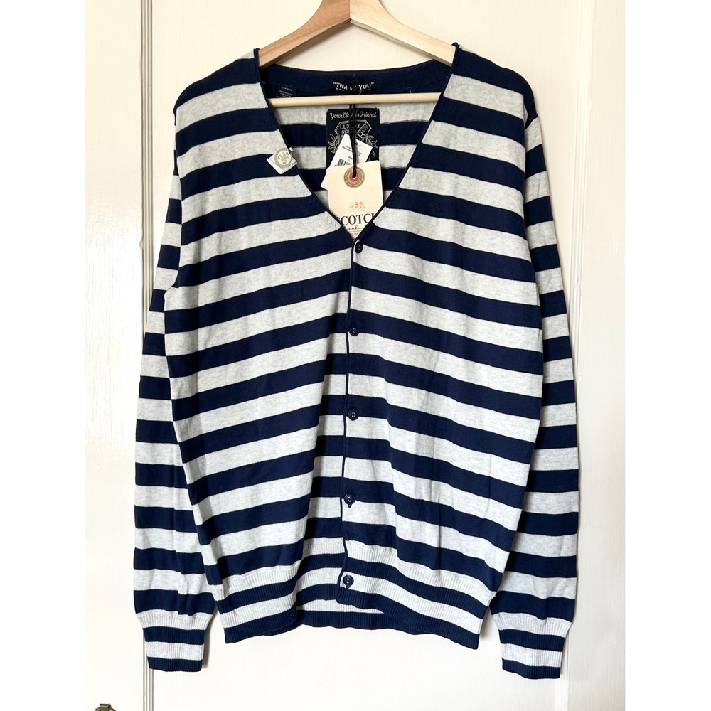 NWT Scotch & Soda Varsity Striped 100% Cotton Cardigan Sweater Navy L Old Money